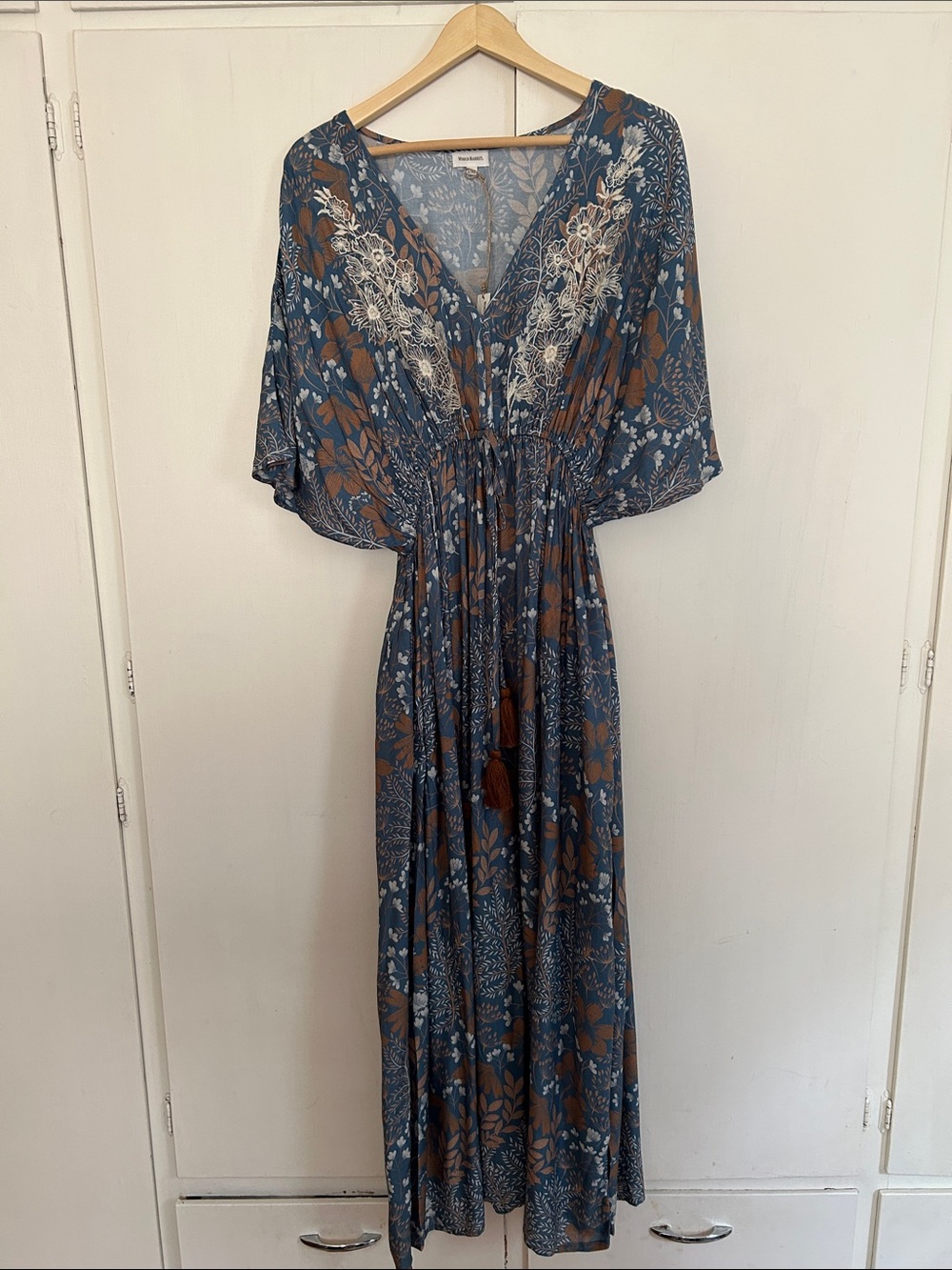 Cost Plus World Market Blue and Brown Floral Boho Maxi Dress